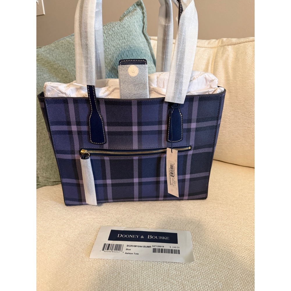 Dooney & Bourke Ashton Tote Blue Purple Plaid Leather Handbag NEW - Picture 4 of 10